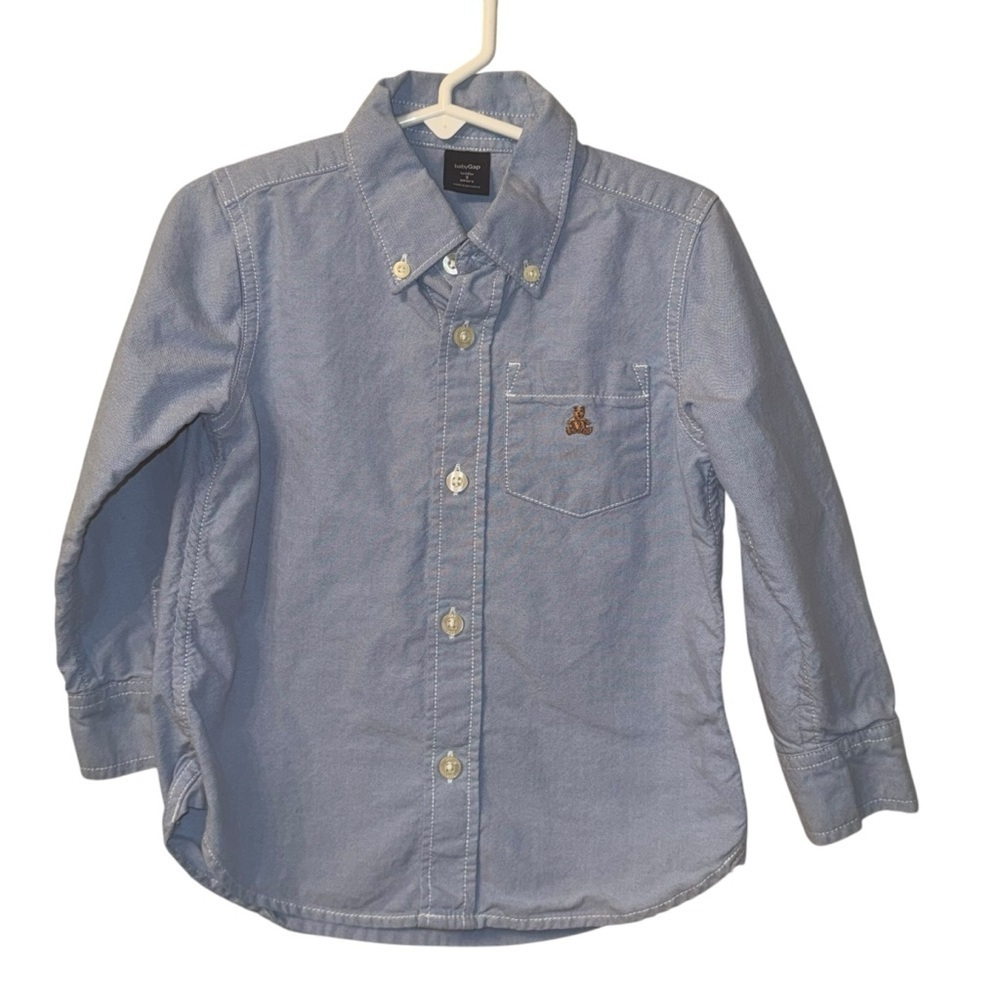 Baby Gap Light Blue Button Down Collared Shirt with Teddy Bear Logo